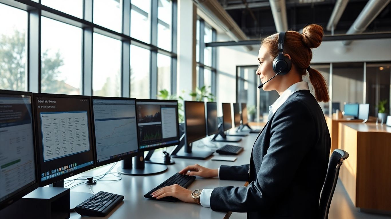 Receptionist using computer with business tools in office