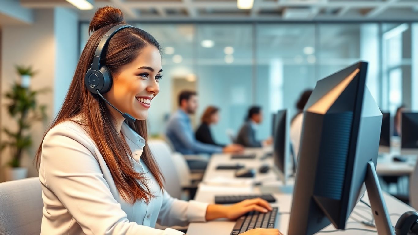 Receptionist with headset in modern small business office