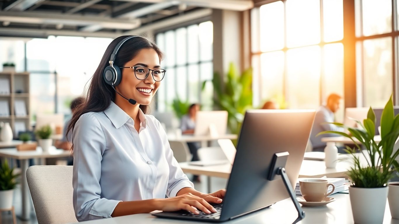 Virtual receptionist answering calls in a modern office