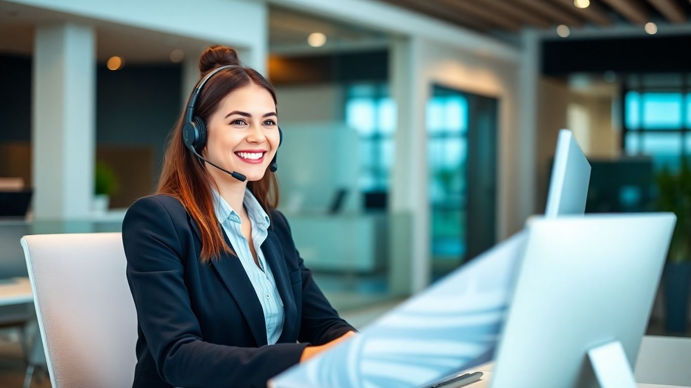 Smiling virtual receptionist at modern desk in office