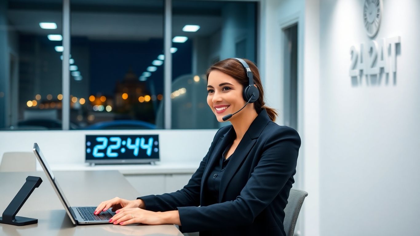 Receptionist at desk taking nighttime business call