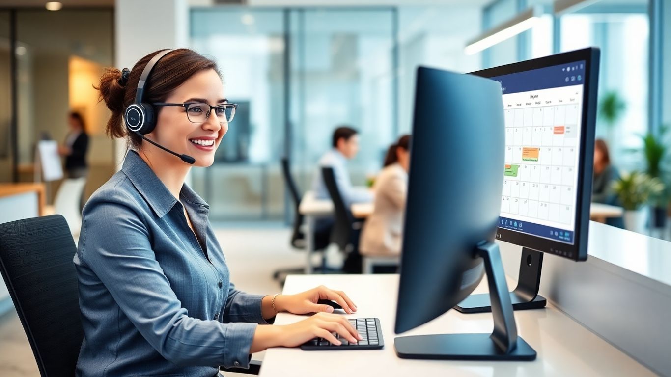 Receptionist scheduling on computer in modern office
