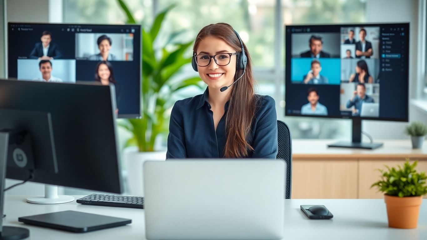 Virtual receptionist with headsets in a modern office setting