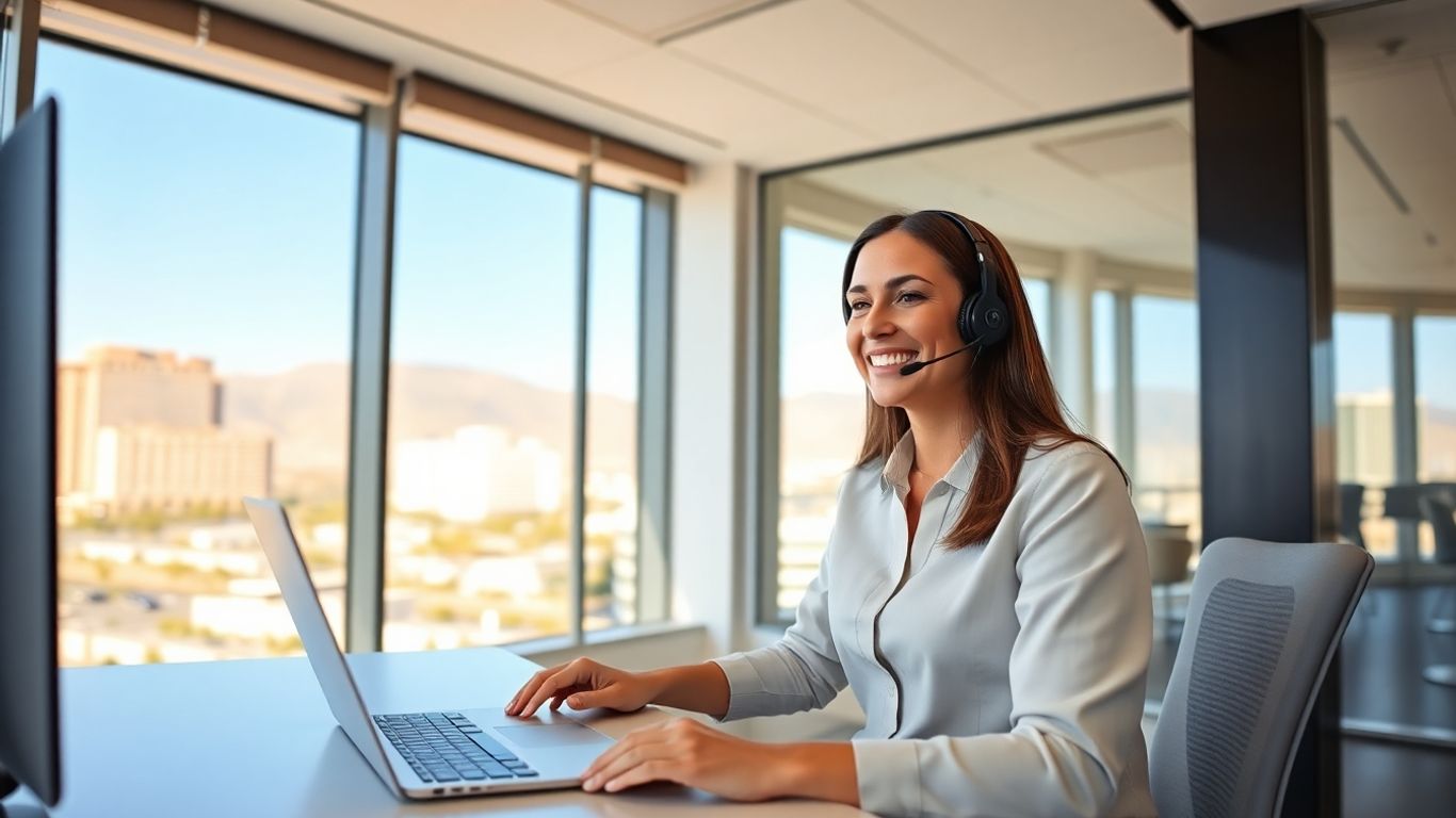Virtual receptionist at desk with North Las Vegas view