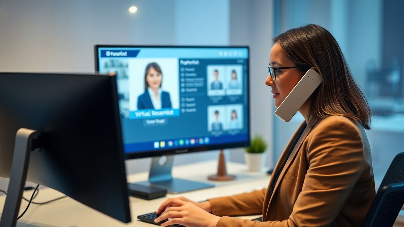 Businesswoman using virtual receptionist software at modern office