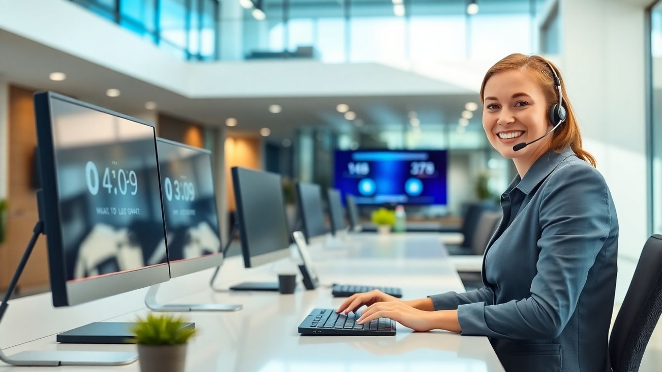 Receptionist with headset at computer in modern office