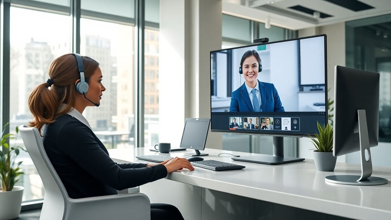 Virtual receptionist greeting business professional in modern office.