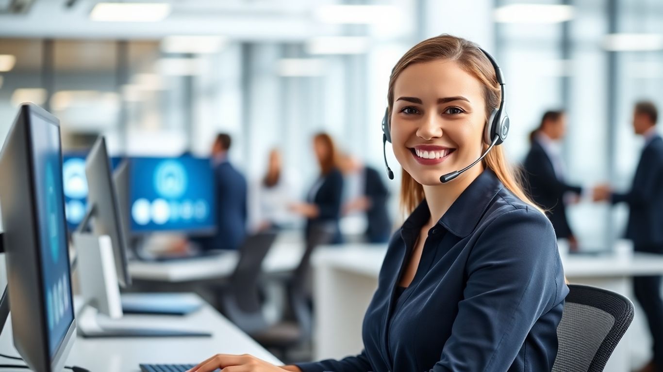 Virtual receptionist with headset in modern office setting.