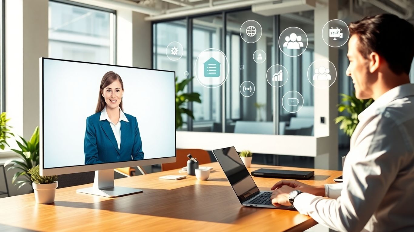 Virtual receptionist interacting with professional in modern office