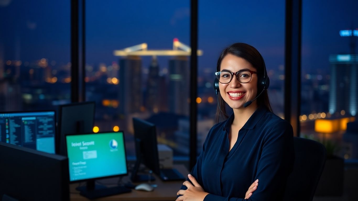 Virtual receptionist working in office at night.