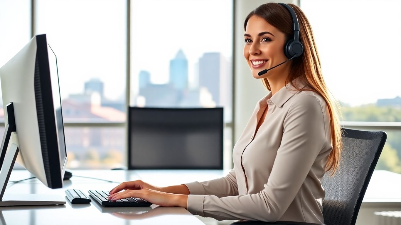 Virtual receptionist at desk with Winston-Salem skyline