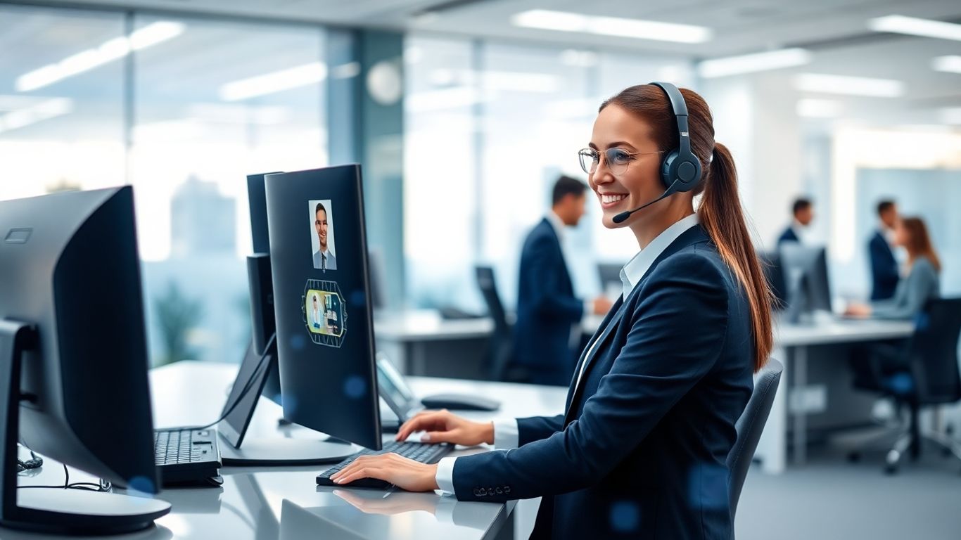 Virtual receptionist helping business team in modern office