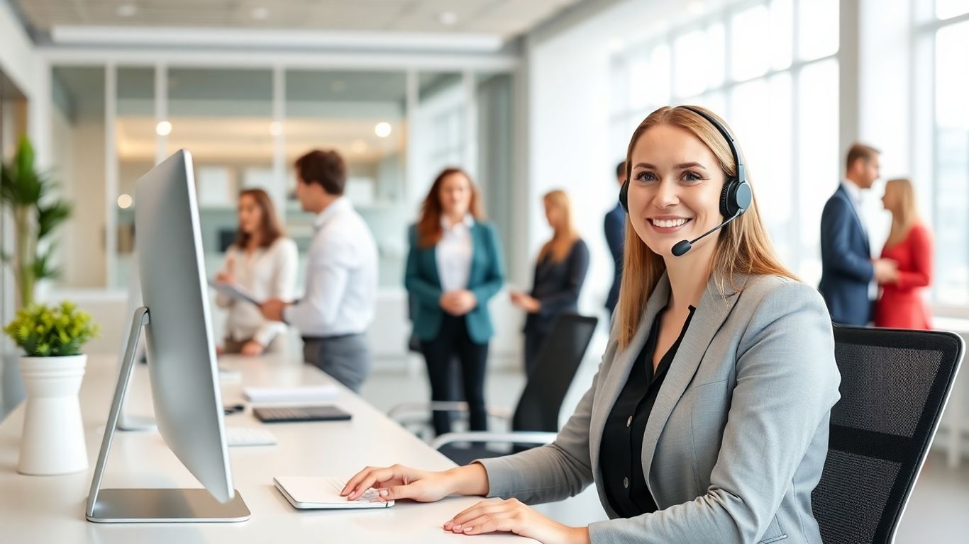 Virtual receptionist assisting clients in a modern office