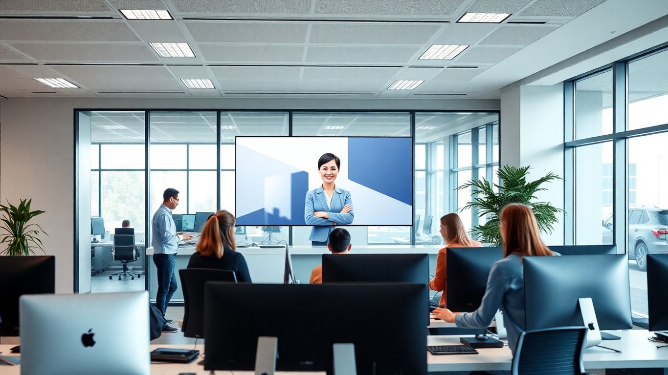 Virtual receptionist on screen in modern office setting
