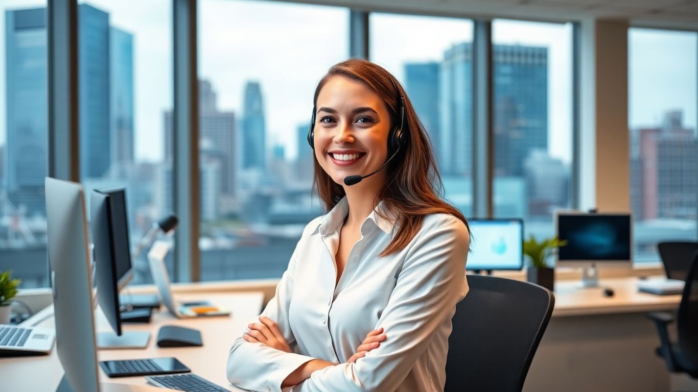Virtual receptionist in Newark office with city view