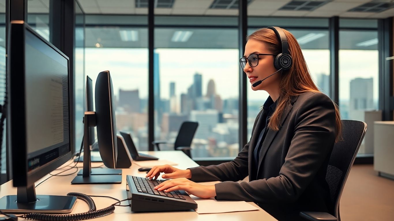 Virtual receptionist at Newark office desk with headset