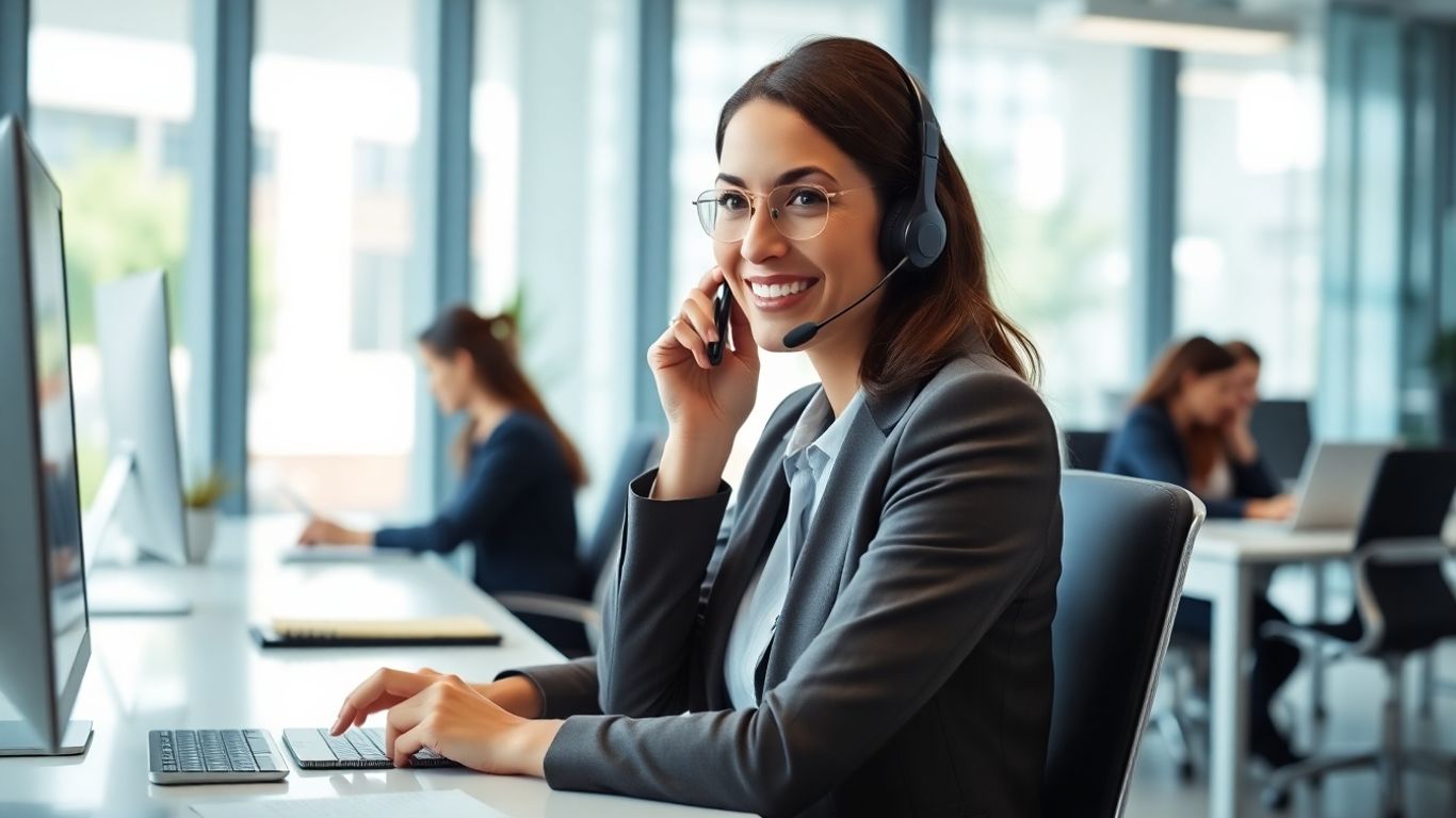 Businesswoman with headset in modern office answering phone