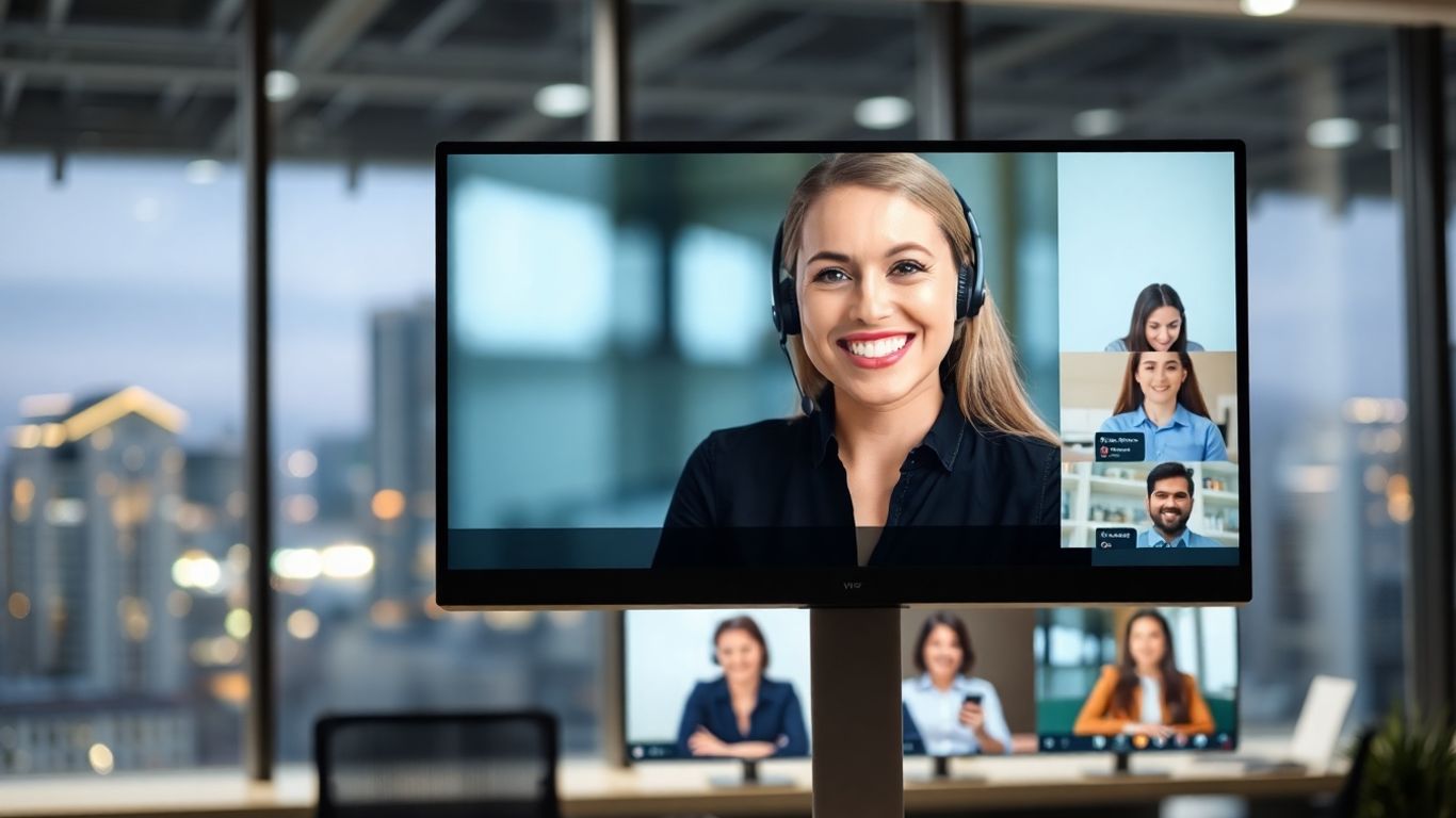 Virtual receptionist in Boise office, headset, night skyline