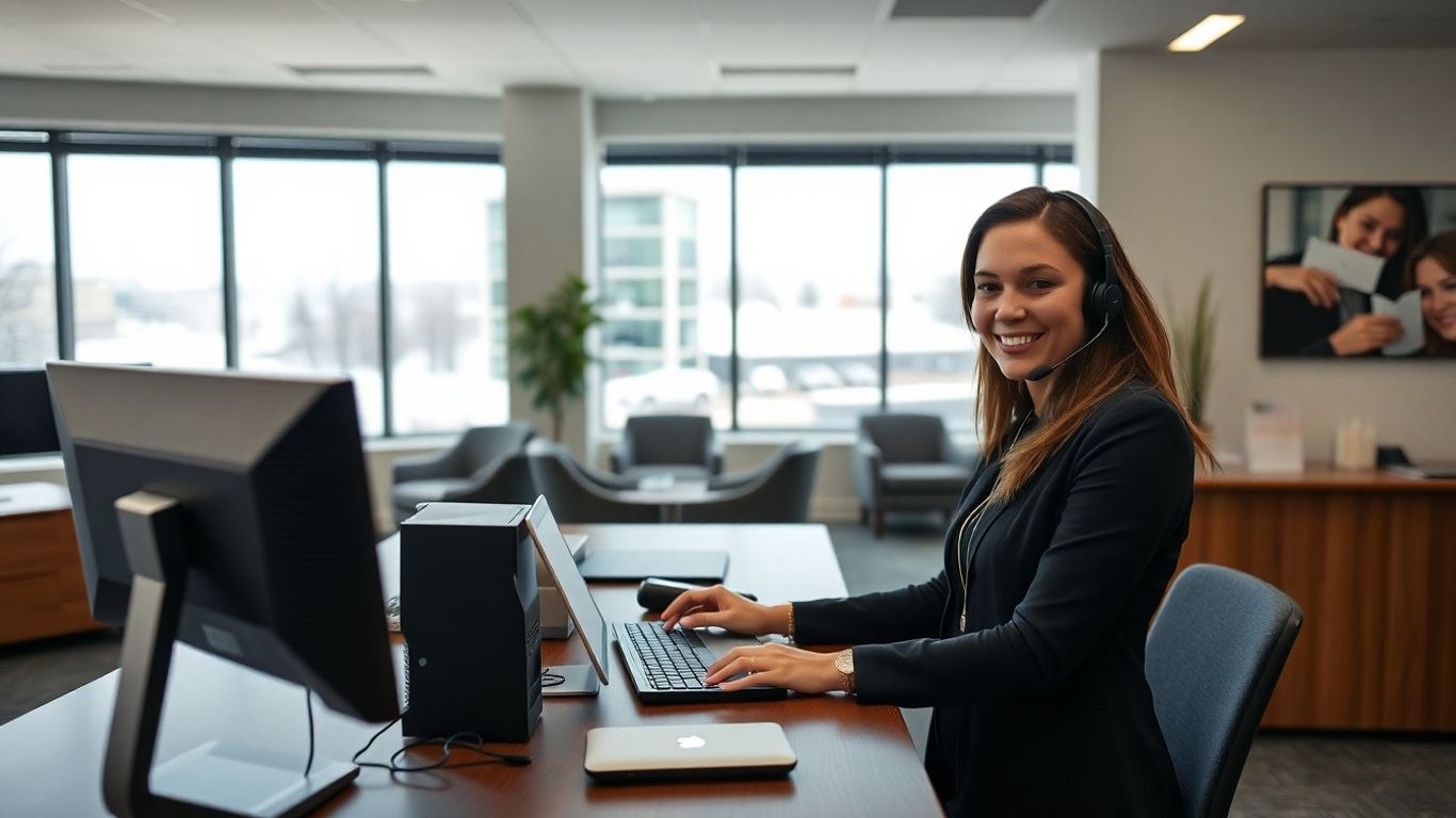 Receptionist with headset in a bright Anchorage office