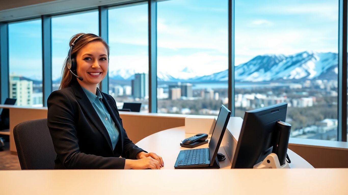 Anchorage office receptionist with headset and mountain view