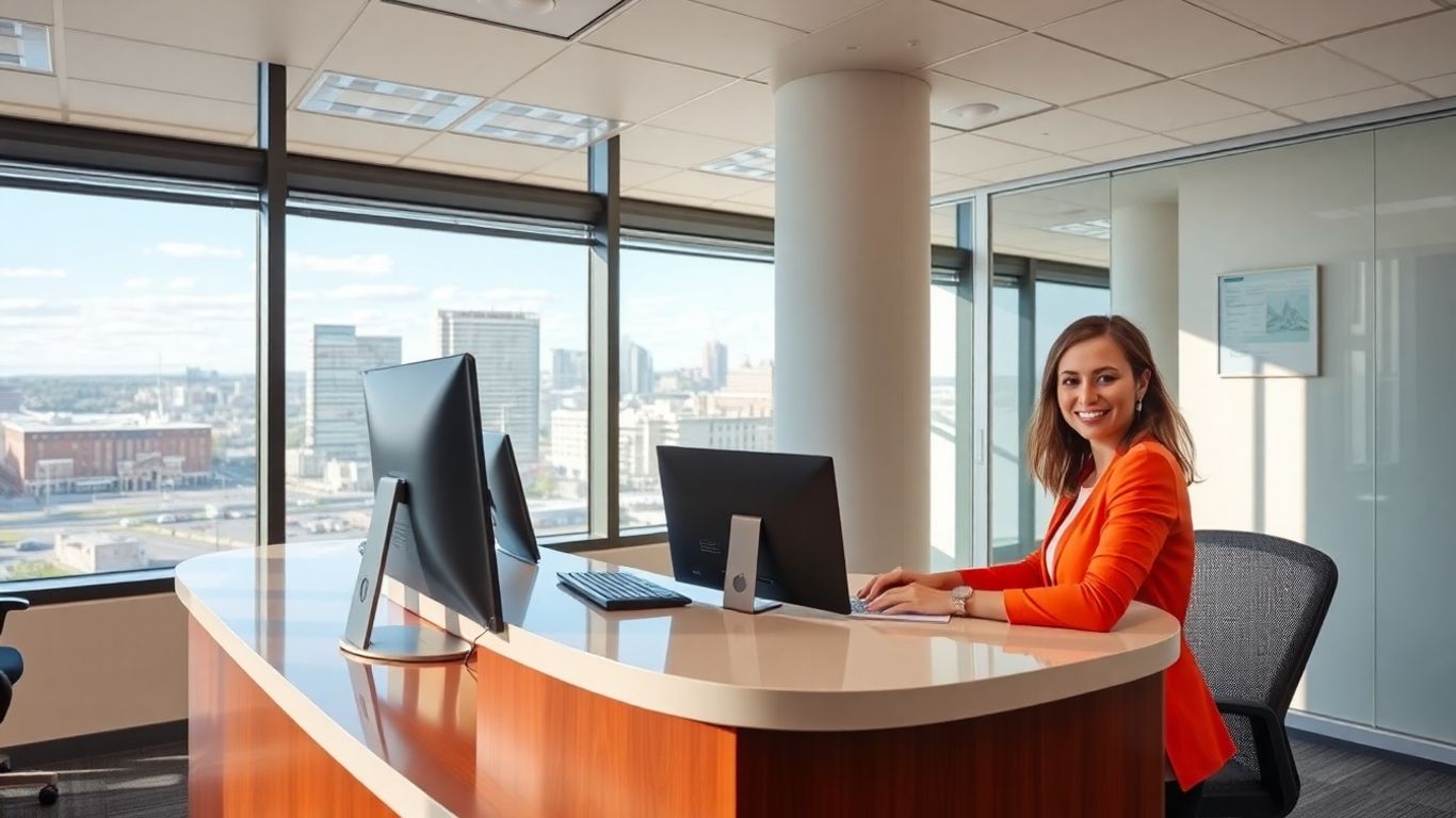 Buffalo office receptionist answering calls with city view