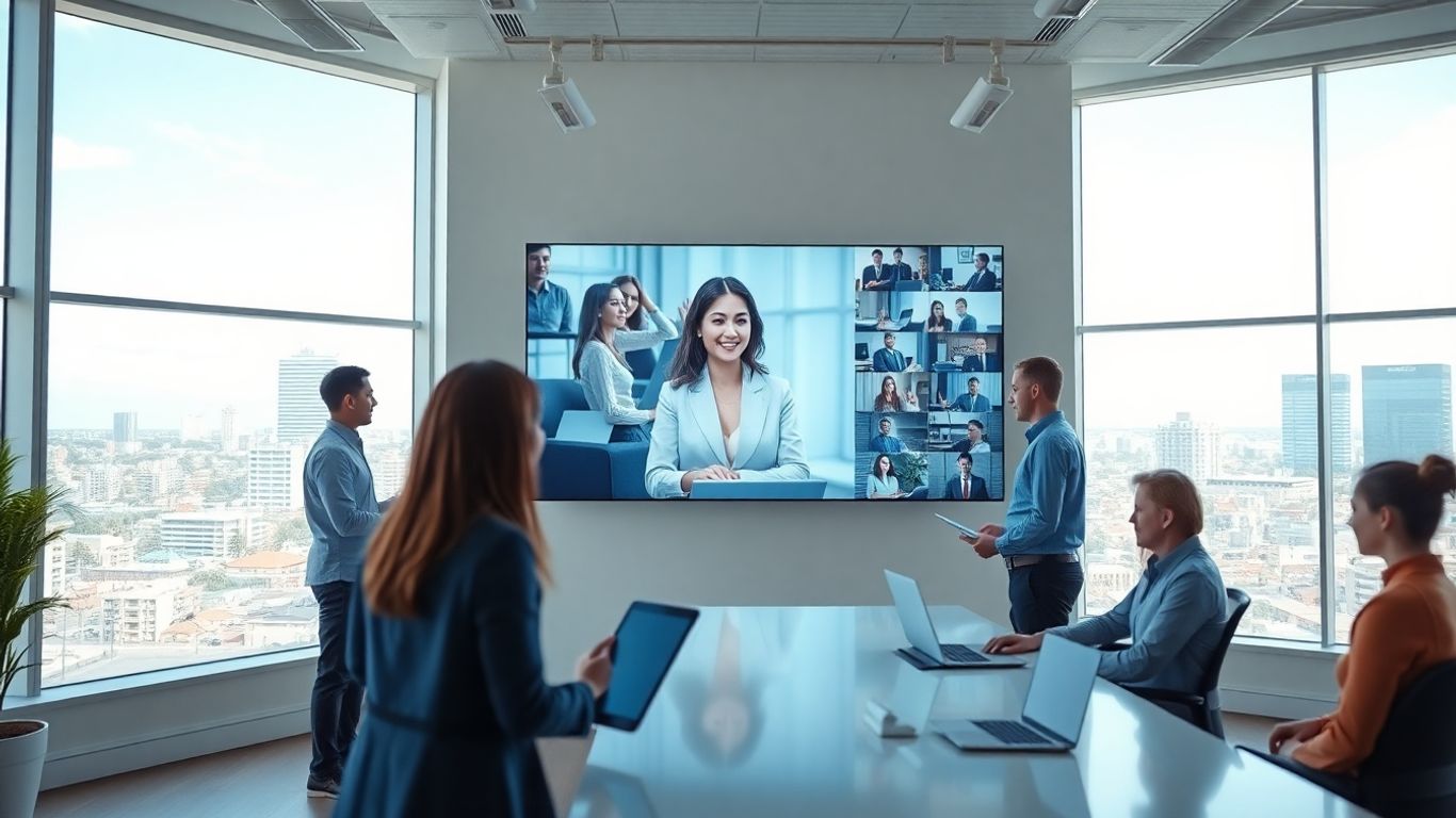 Businesswoman using virtual receptionist in modern Laredo office