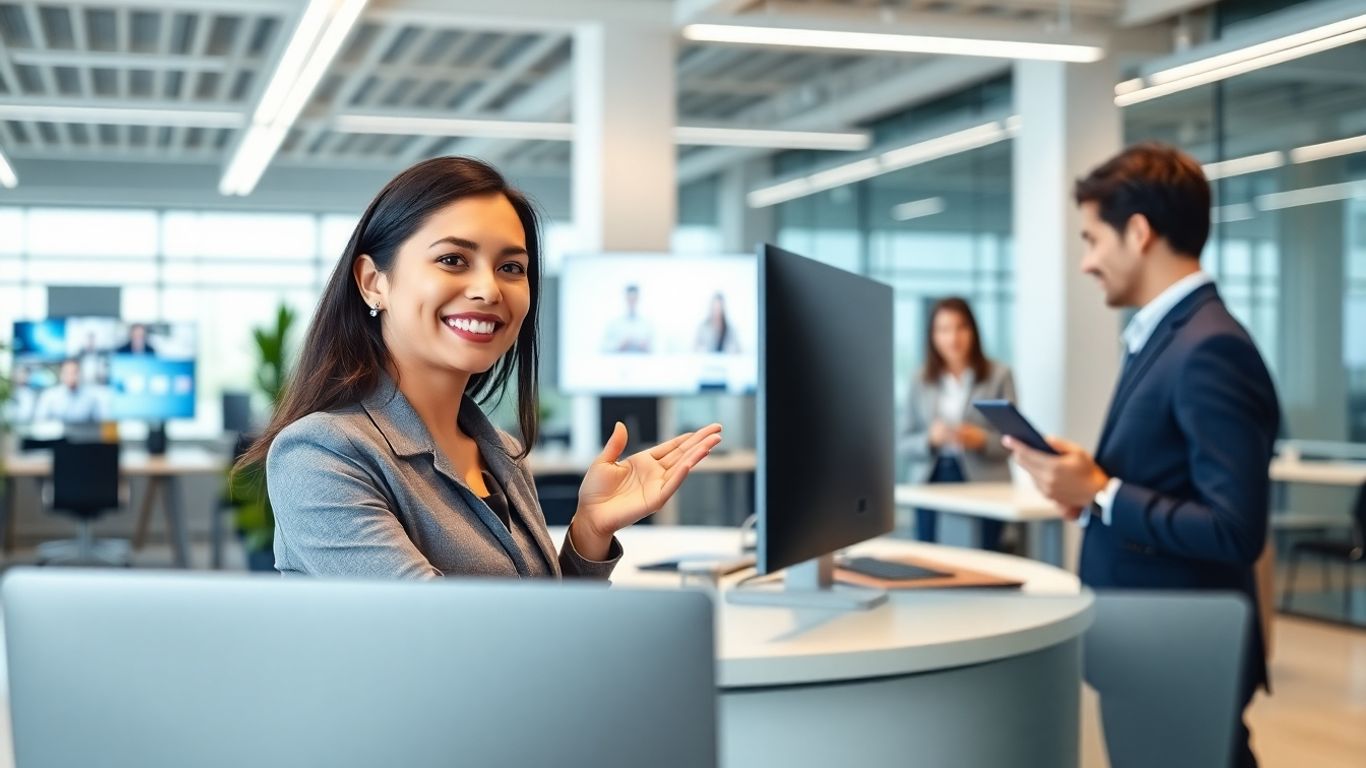 Virtual receptionist assisting professionals in a modern office