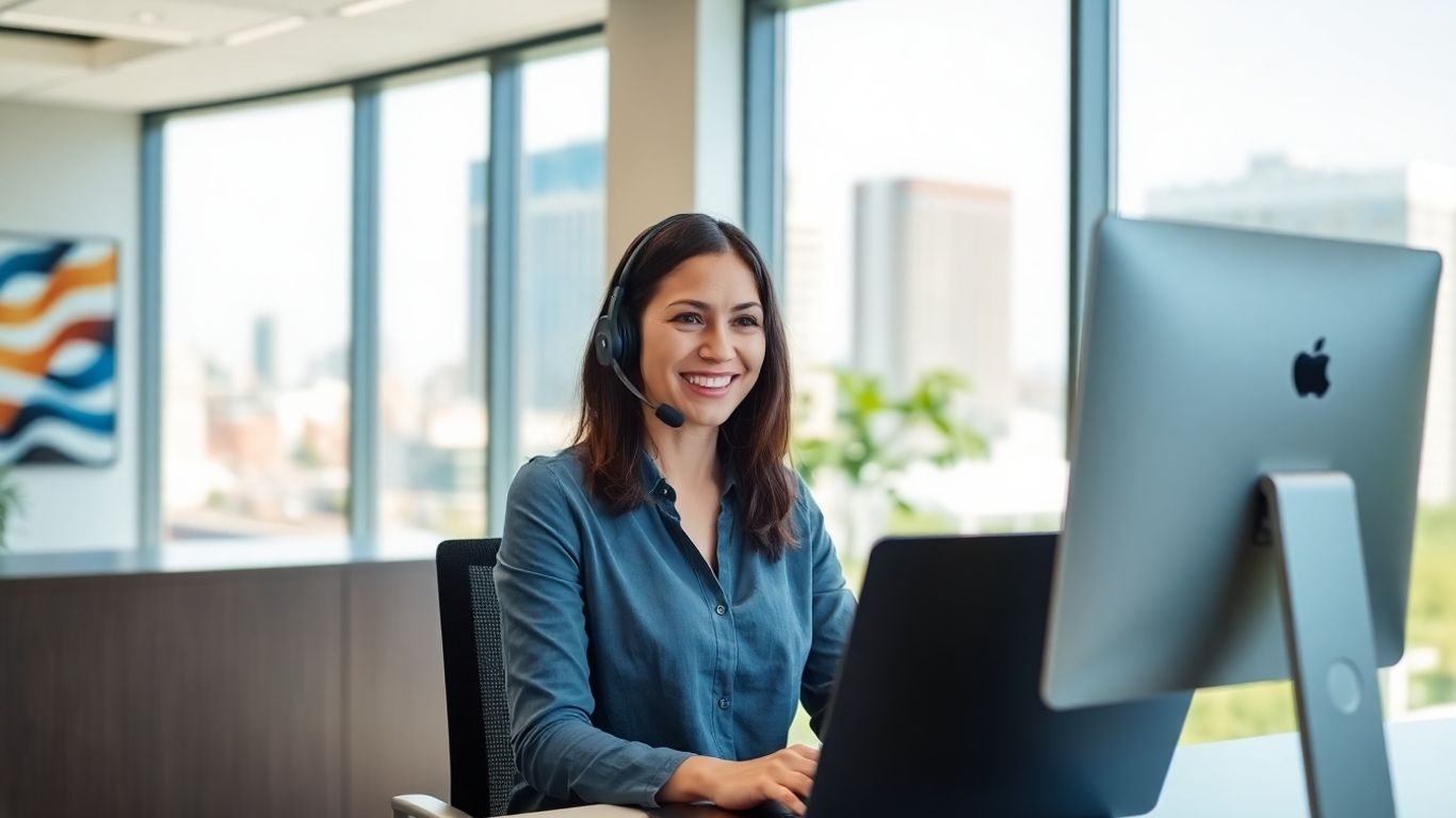 Virtual receptionist smiling in a modern Norfolk office