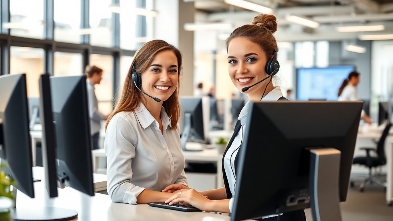 Virtual receptionist in Norfolk office with headset working.