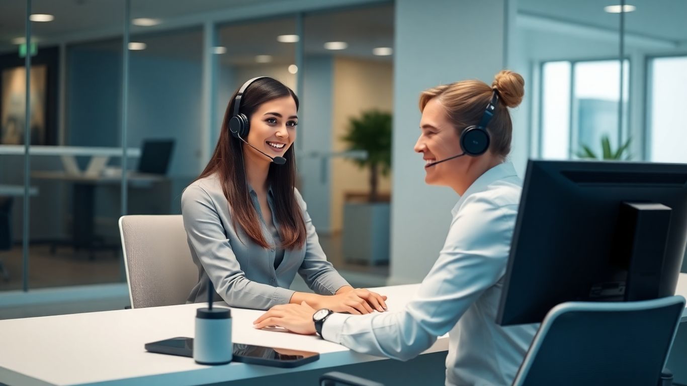 Virtual receptionist assisting client in a modern office setting.