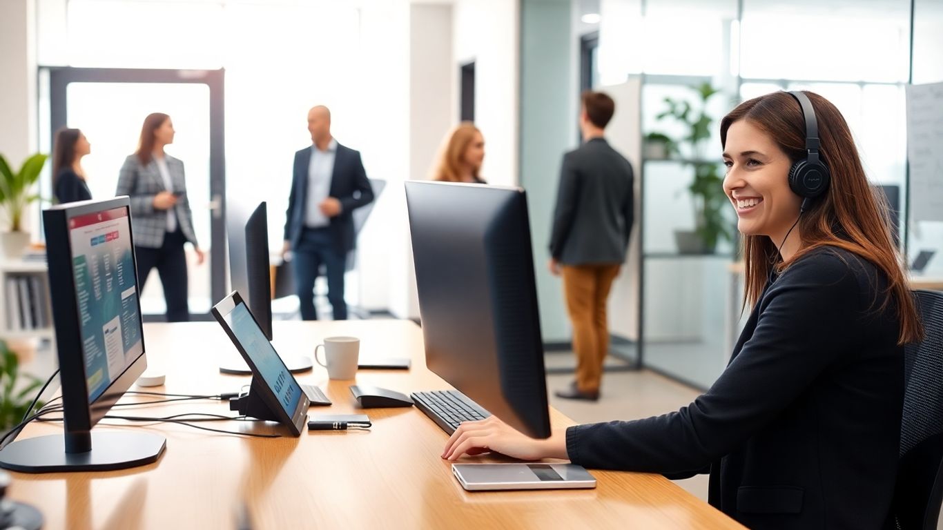 Virtual receptionist greeting clients in modern office