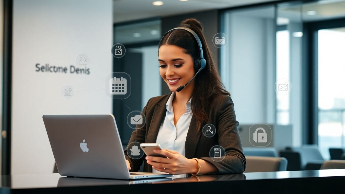 Receptionist with headset integrating business tools in office