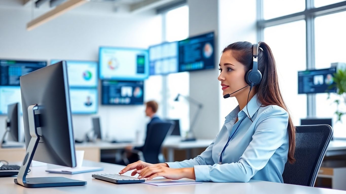 Receptionist at desk using multiple business tools digitally