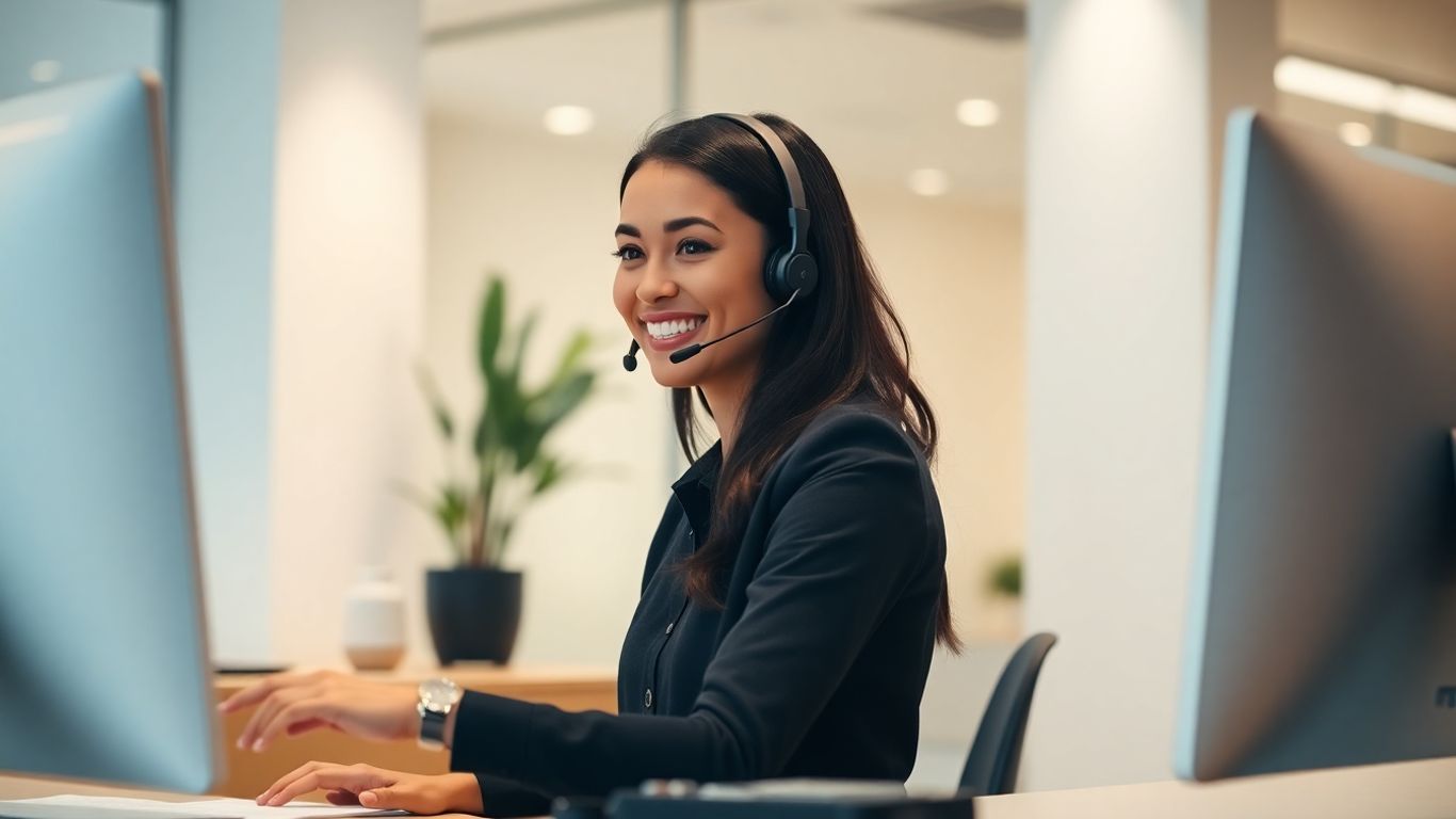 Smiling virtual receptionist at a modern office desk