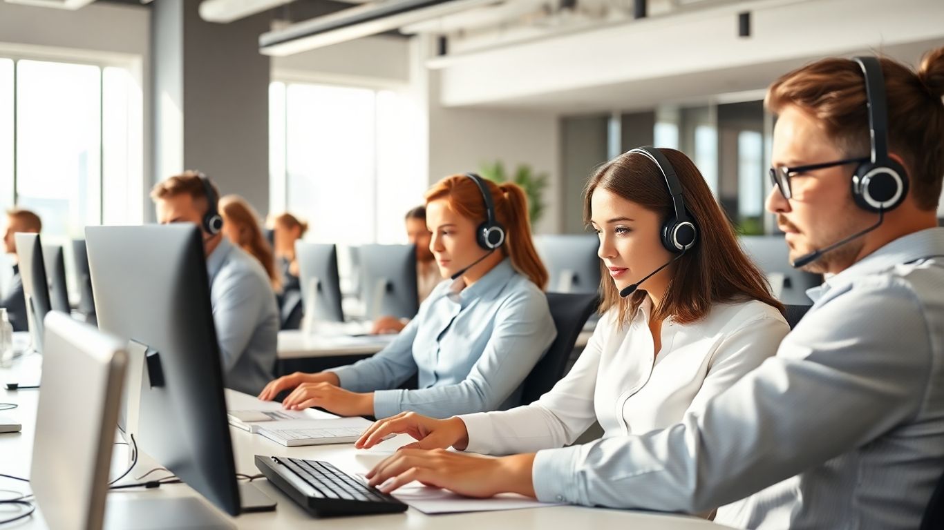Receptionists handling multiple calls in a modern office