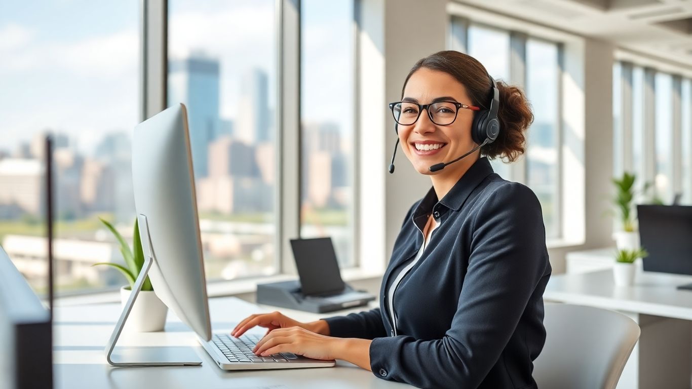 Virtual receptionist in Pittsburgh office with skyline view