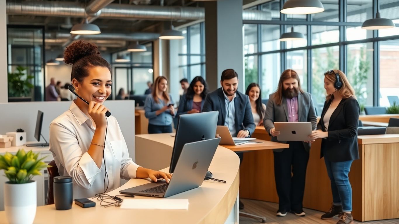 Receptionist answering phone in modern Pittsburgh office