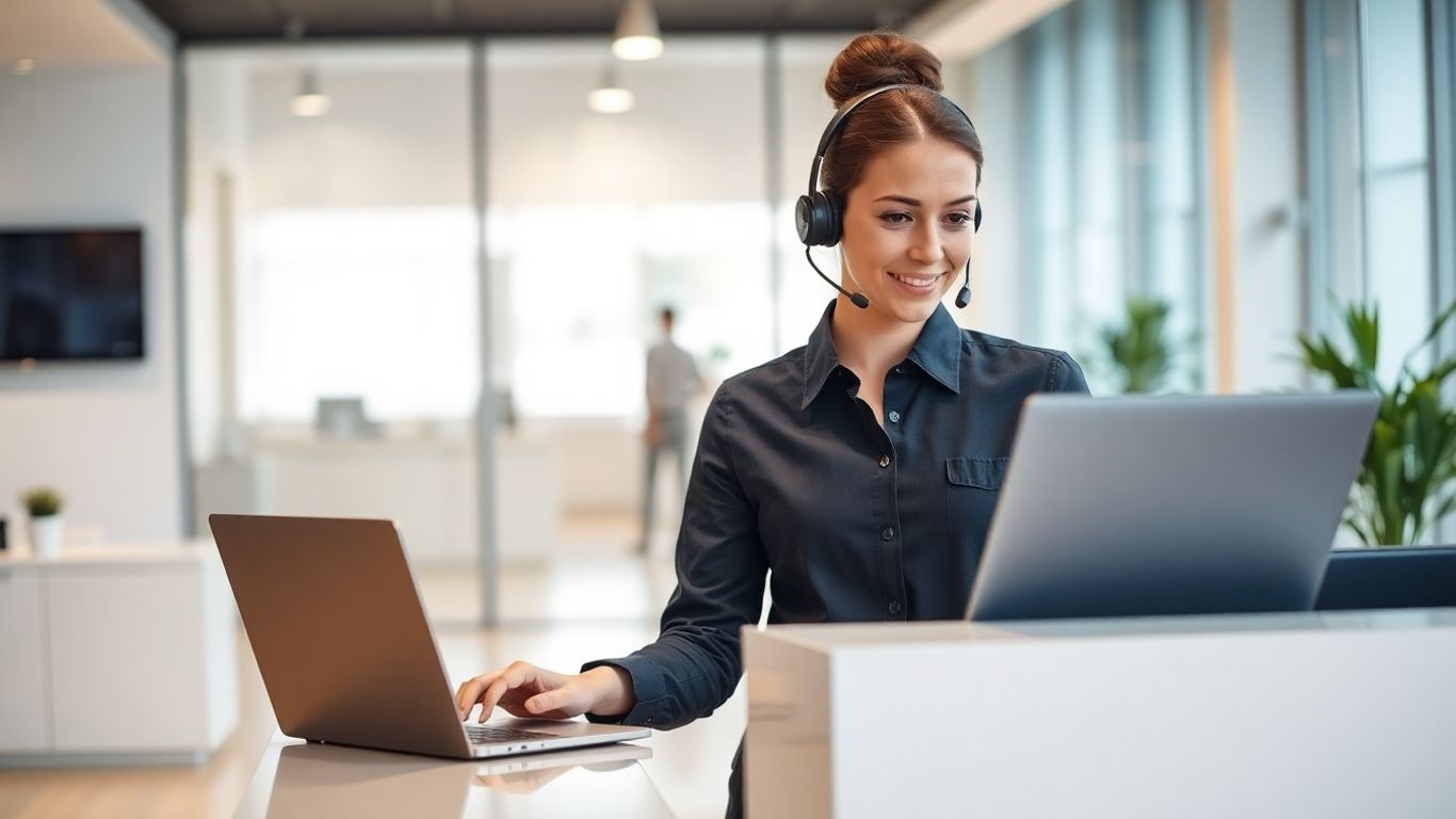 Receptionist with headset using laptop in modern office