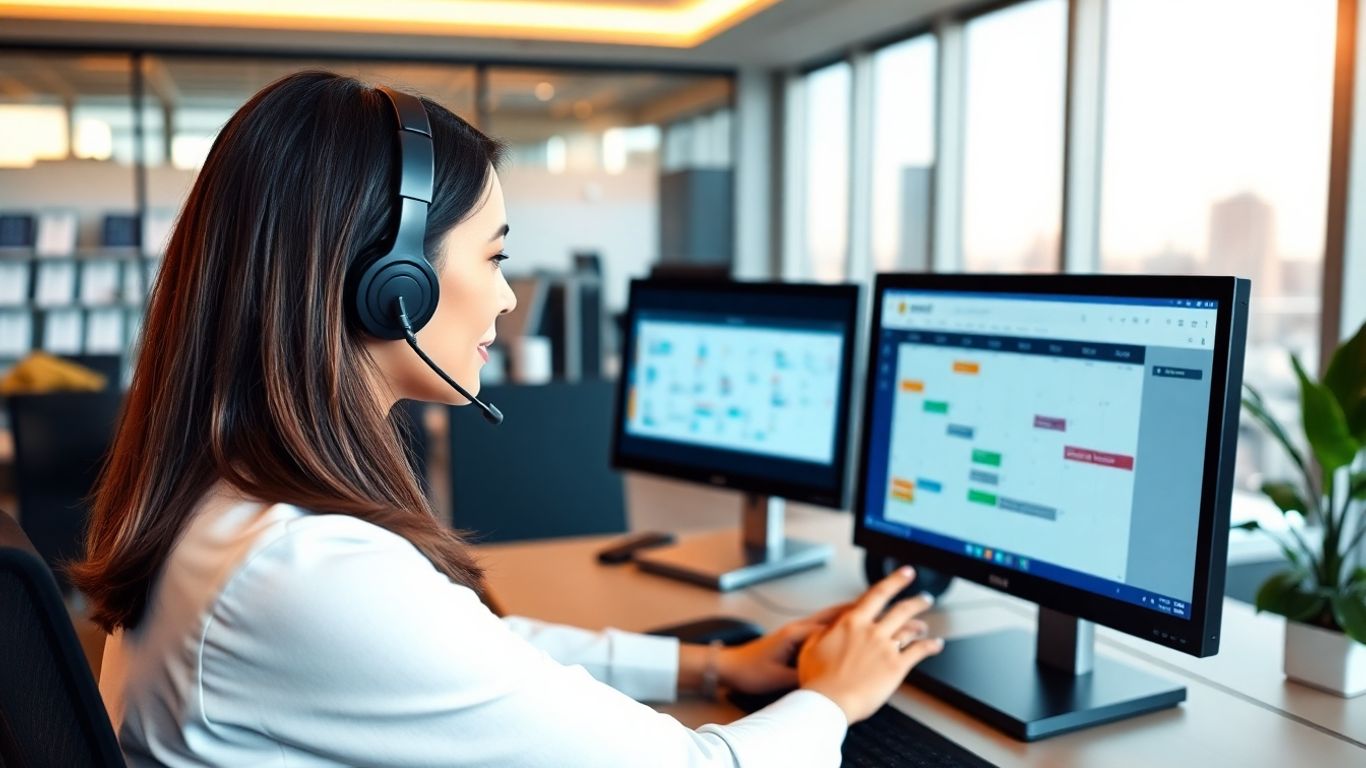 Virtual receptionist at desk with calendar in office