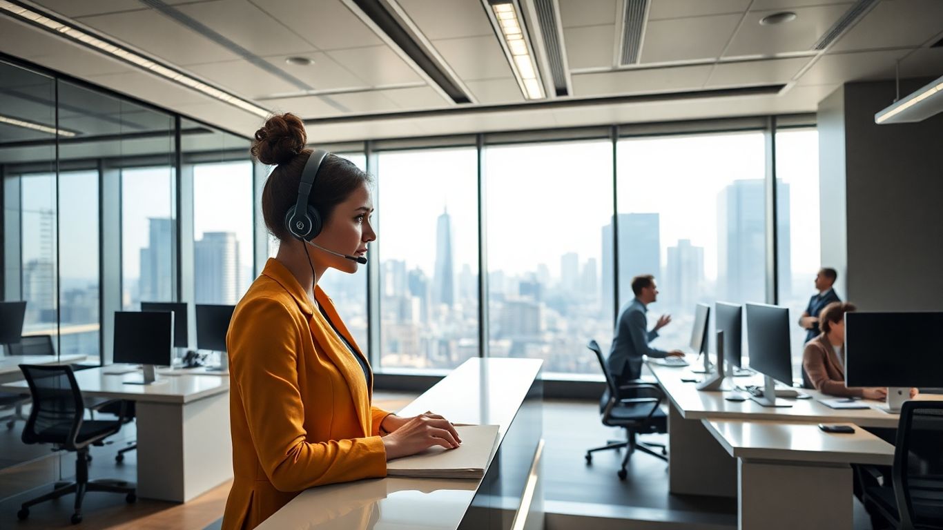 Receptionist with headset in modern Jersey City office