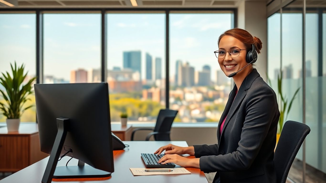 Virtual receptionist answering calls in a modern office