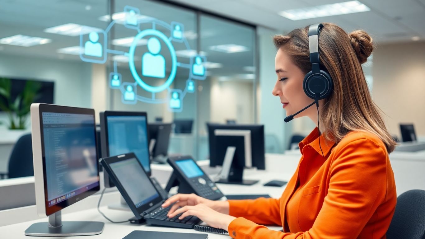 Receptionist with headset in modern St. Paul office