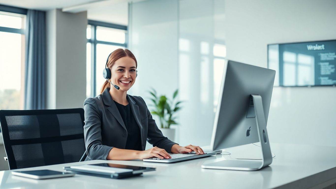 Virtual receptionist at desk using headset and computer