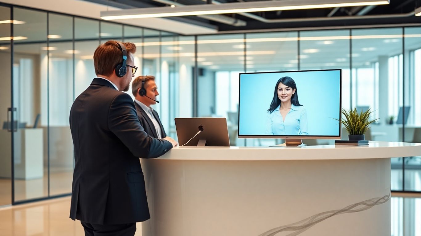 Virtual receptionist assisting business professional in modern office