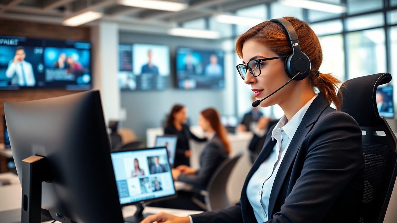 Virtual receptionist assisting business clients in a modern office