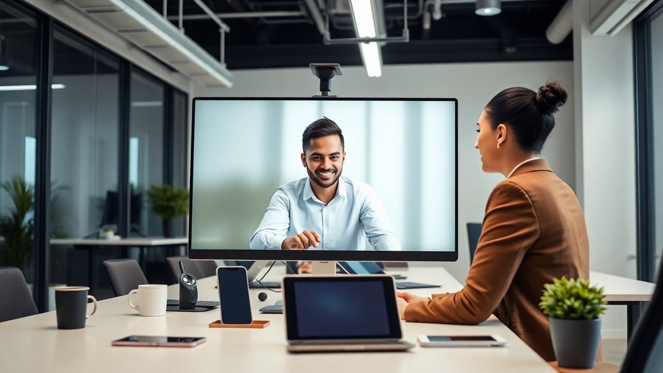 Modern office with virtual receptionist on computer screen