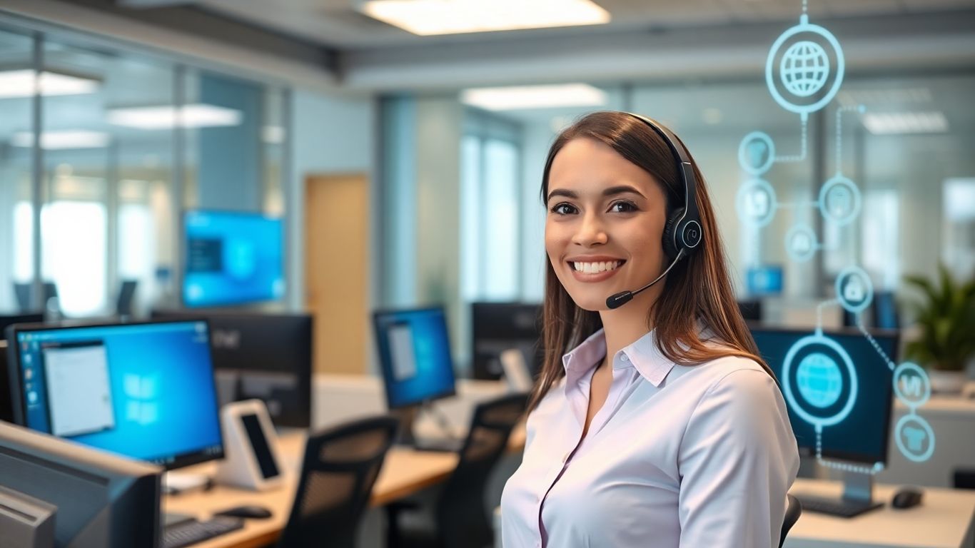 Modern office receptionist using AI-powered computer headset