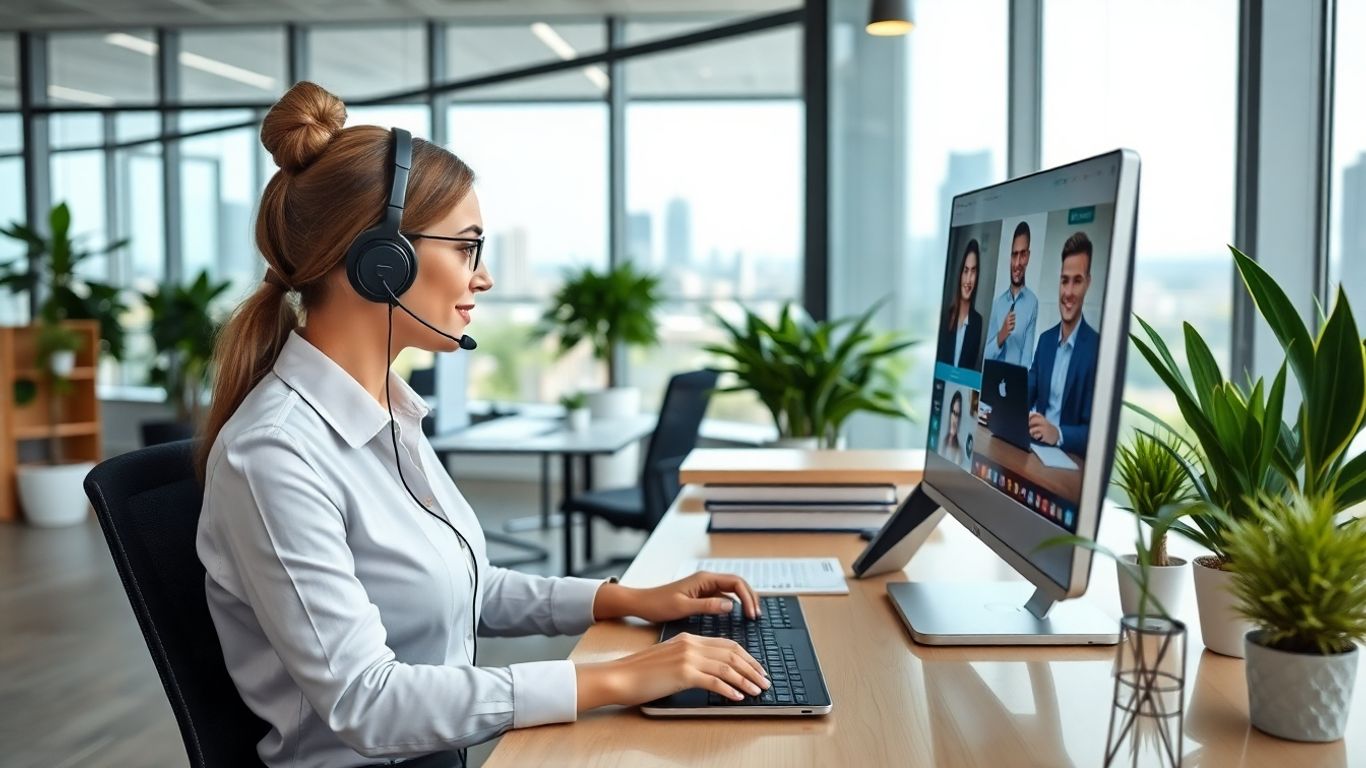 Receptionist with headset in modern office with city view