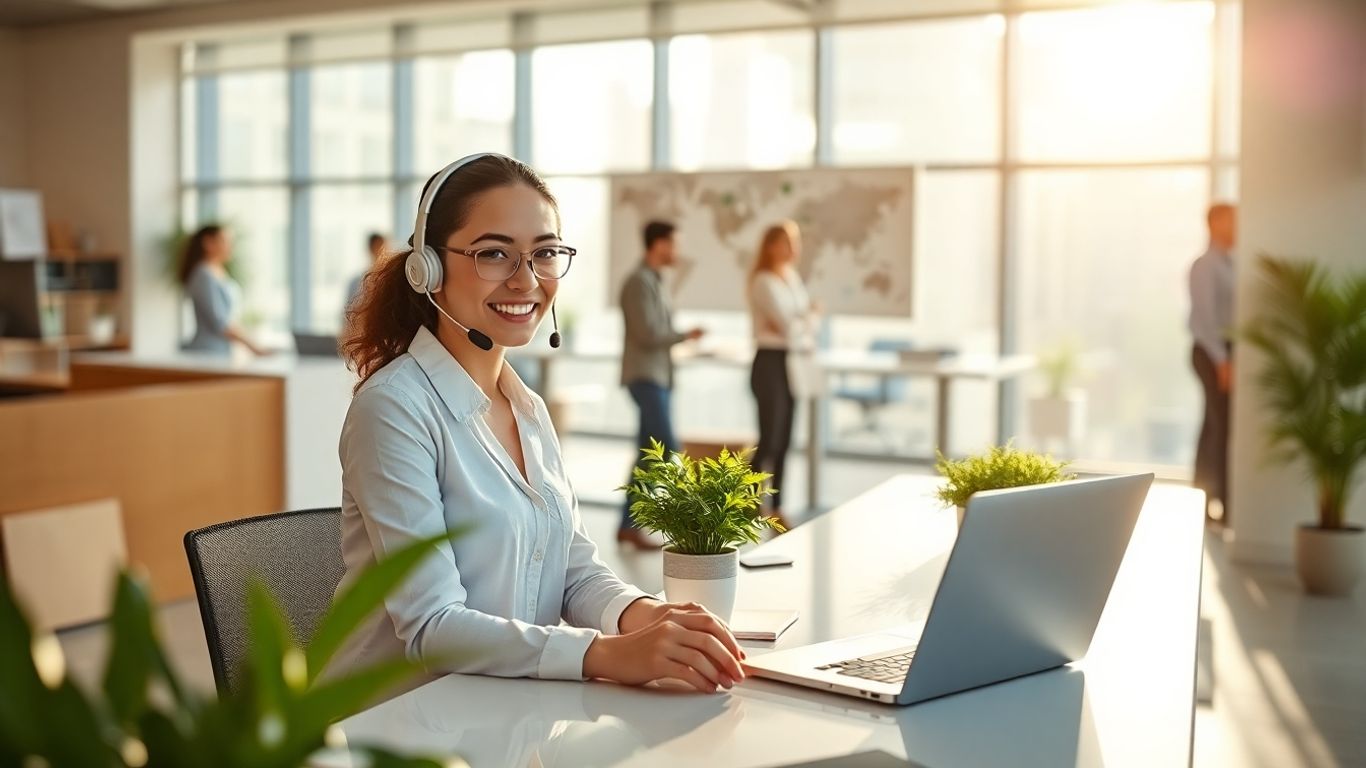 Virtual receptionist greeting business clients in modern office