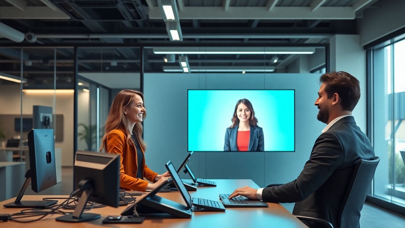 Friendly virtual receptionist aiding client in modern office
